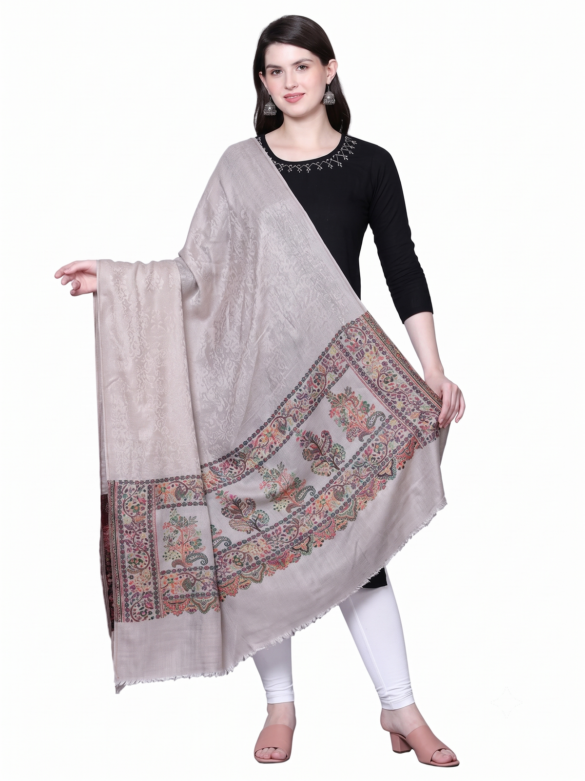 Women Fine Wool Pashmina Beige Shawl
