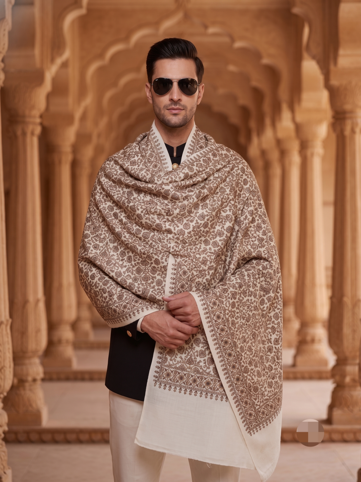 Men Floral Wool White Shawl