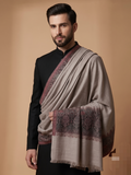 Men Wool Blend Woven Kani Jacquard Border Grey Shawl